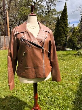 French Connection Brown Leather Moto Jacket with Asymmetrical Zip